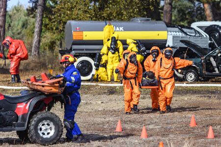 Ukrainian Firefighters during training of rescue services near Kyiv, Ukraine.のeditorial素材