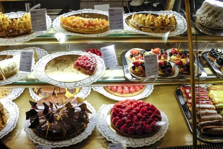 Showcase with desserts in big shopping center KaDeWe Kaufhaus des Westens, Berlin ,Germany. May 2014のeditorial素材