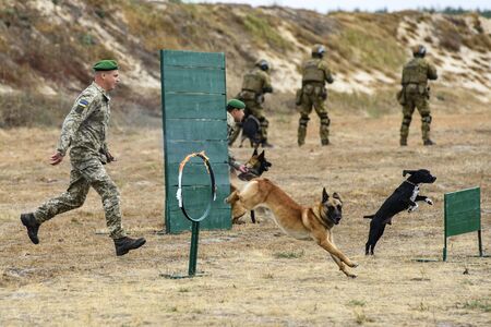 Soldiers of the Ukrainian National Guard with their dogs take part in the tactical-special drills near Kyiv, Ukraine, September 2019のeditorial素材