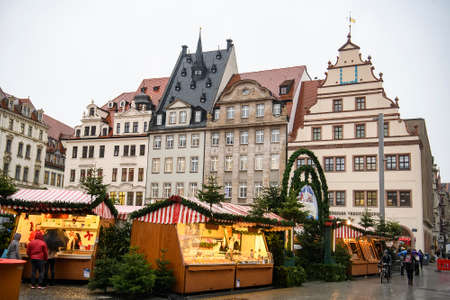 Traditional Festive Christmas fair at Marktplatz Market Square near Old Town Hall. Leipzig, Germany.