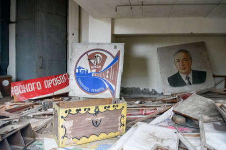 Portraits of the leaders of the Soviet Union in one of the rooms in ghost city Pripyat, Ukraine,