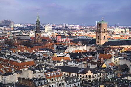 Aerial view of Copenhagen from the top of tower of Copenhagen City Hall. Copenhagen, Denmark.