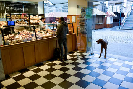A visitor with a dog in a bakery confectionery in Nuremberg, Germany.のeditorial素材