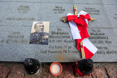 Memorial wall with the names of Poles, victims of Stalinist repressions at the Polish military...