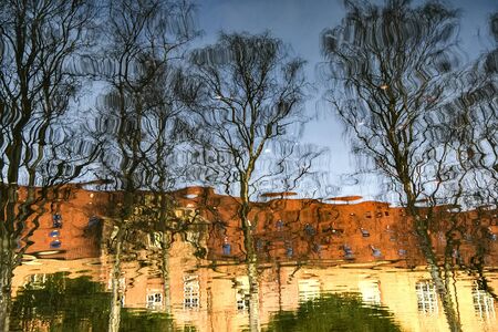 Det kongelige Biblioteks Have in Copenhagen, Denmark. Reflection in water