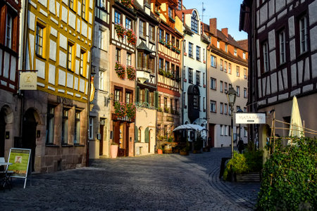 Old fachwerk half-timbered houses on Weissgerbergasse street in the historical center of Nuremberg, Germany. October 2014. High quality photoの写真素材