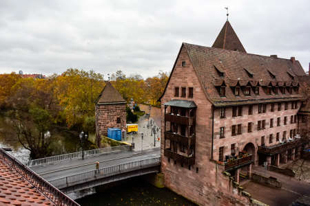 Top view to the Kreuzigungshof or court of crucifixion of the historical Heilig-Geist-Spital Holy Spirit Hospital near the Pegnitz river in the old town of Nuremberg, Bavaria, Germany. November 2014の写真素材
