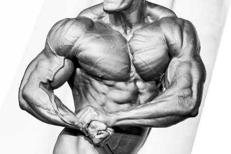Bodybuilder athlete torso. Black and white photo. High quality photoの写真素材