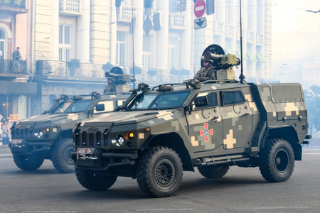 Light armoured vehicle Novator during a rehearsal for the Independence Day military parade in central Kyiv, Ukraine August 20, 2021. High quality photoのeditorial素材