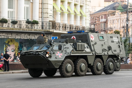 Ukrainian armored medical vehicle during a rehearsal for the Independence Day military parade in...