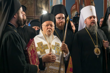 Ecumenical Patriarch Bartholomew and Metropolitan Epifaniy, the head of the Ukrainian Orthodox...