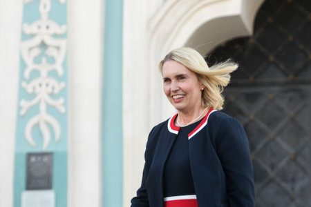 New US ambassador to Ukraine Bridget Brink during a press conference at Sofiyska Square in Kyiv, Ukraine, June 02, 2022. High quality photoのeditorial素材