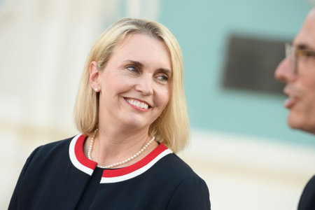 New US ambassador to Ukraine Bridget Brink during a press conference at Sofiyska Square in Kyiv, Ukraine, June 02, 2022. High quality photoのeditorial素材