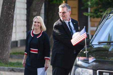 New US ambassador to Ukraine Bridget Brink during a press conference at Sofiyska Square in Kyiv, Ukraine, June 02, 2022. High quality photoのeditorial素材