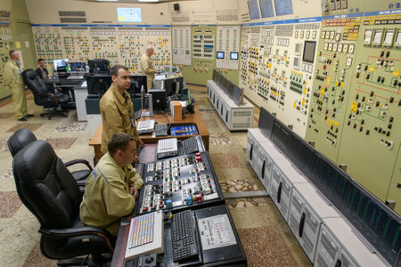 Staff NPP works in the control hall of the South Ukraine (Pivdennoukrainsk) Nuclear Power Plant near...