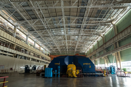 The turbine hall of the South Ukraine (Pivdennoukrainsk) Nuclear Power Plant near the city of Yuzhnoukrainsk in Mykolaiv region, Ukraine, August 7, 2023. High quality photoのeditorial素材