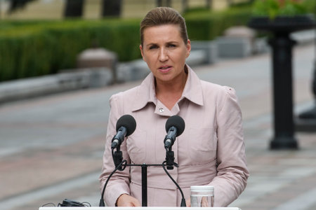 Prime Minister of Denmark Mette Frederiksen during a joint press conference with President of Ukraine Volodymyr Zelenskiy in Kyiv, Ukraine September 06, 2023 . High quality photoのeditorial素材