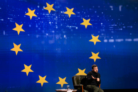 President of Ukraine Volodymyr Zelenskiy during a large summary press conference in Kyiv, Ukraine, on December 19, 2023. High quality photoのeditorial素材