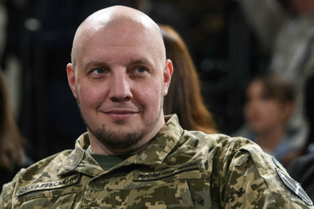 Colonel Vadym Sukharevskyi, Deputy Commander in Chief of the Ukrainian Armed Forces and Commander of the Unmanned Systems Forces in Kyiv, Ukraine, February 25, 2024. High quality photoのeditorial素材