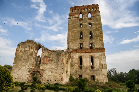 Picturesque ruins of Our Lady of the Rosary Church and Dominican Monastery with defensive tower in Starokostiantyniv, Khmelnytskyi region, Ukraine. . High quality photoの写真素材