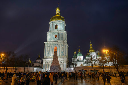 Ukraine's main Christmas tree during its lights are switched on in Sophia Square in Kyiv, Ukraine, on December 6, 2024. High quality photoの写真素材