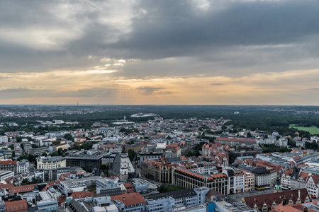 high angle panoramic shot during sunset at the city of Leipzig, East Germany, August 2017のeditorial素材