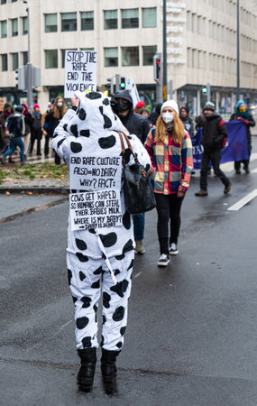 Saint-Josse, Brussels Capital Region, Belgium- 11 28 2021: Vegan protesters for woman rights and animal protectionのeditorial素材