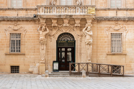 Mdina, Malta - 01 07 2022: Historical facade and entrance of the cathedral museumのeditorial素材