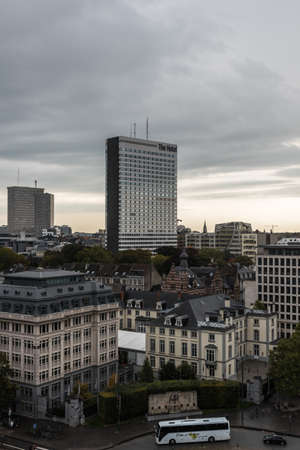 Brussels Capital Region - Belgium - 10 16 2019 Aerial view over the Brussels Skyline with changing rainy and foggy weather