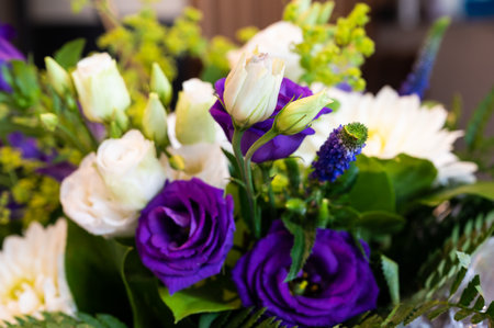 Close up of a white and purple bouquet, Brussels, Belgiumの写真素材
