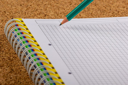 Green writing pencil in a notebook.