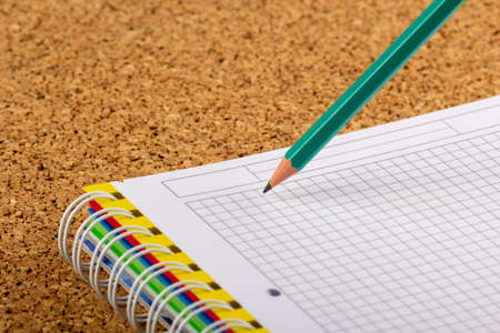 Green writing pencil in a notebook.の写真素材