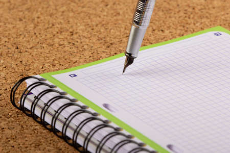 Silver metal pen for writing in a checkered notebook.の写真素材