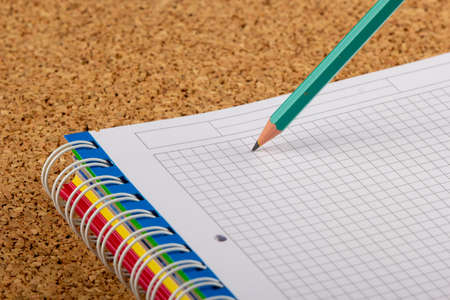 Green writing pencil in a notebook.の写真素材