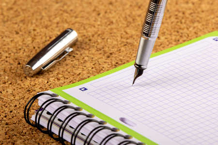 Silver metal pen for writing in a checkered notebook.の写真素材