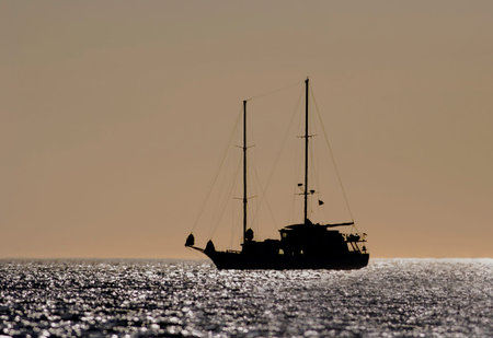 Sailboat at sunset at Elizabeth Bay, Isabela, Galapagos Islands, Ecuadorの写真素材
