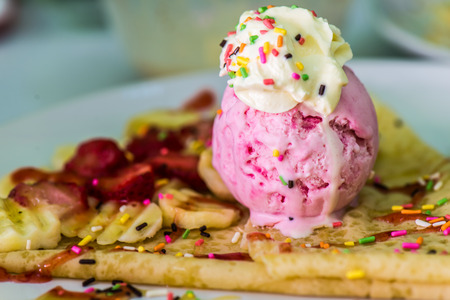 Chocolate pancakes with bananaの写真素材