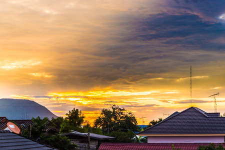 Silhouette tree on sunrise clouds. texture sunrise clouds. early morningの写真素材