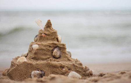 Shell sand castle on beach in holiday