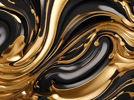 Luxury gold and black liquid abstract background dynamic flow wave, 3d render fluid paint splashesの素材