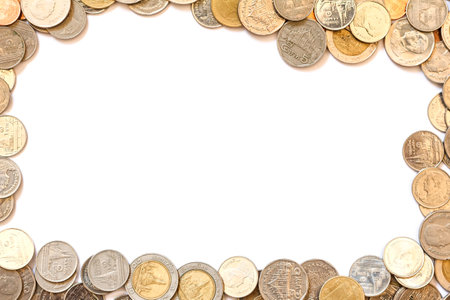 Top view of Thailand currency coins isolate on white background, Coins frame, blank at centerの写真素材