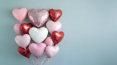 A festive and romantic image featuring a large heart-shaped balloon bouquet made from pink, red, and white balloons.の素材