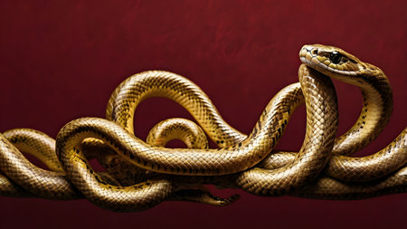 A captivating image of a golden serpent coiled on a deep red background. Chinese New Year conceptの素材