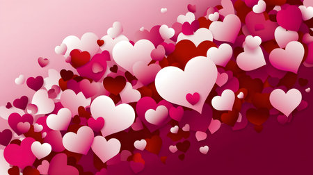 A romantic and dreamy background featuring a cluster of overlapping hearts in various shades of pink and red. Valentine's Day conceptの素材