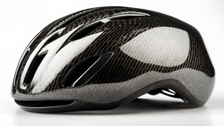 A close-up of a high-tech cycling helmet featuring a sleek, aerodynamic design. The helmet is constructed with lightweight carbon fiberの素材