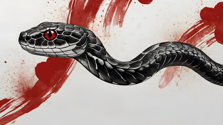 A striking illustration of a black snake with vibrant red accents, Chinese new year conceptの素材