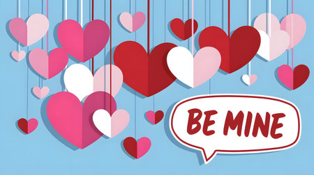 A cheerful and festive Valentine's Day image featuring a cluster of hanging paper hearts in various shades of pink and red.の素材