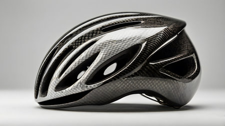 A close-up of a high-tech cycling helmet featuring a sleek, aerodynamic design. The helmet is constructed with lightweight carbon fiberの素材