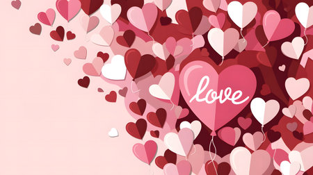A cheerful and festive Valentine's Day background featuring a cluster of colorful heart-shaped balloons floating against a soft pink backdrop.の素材