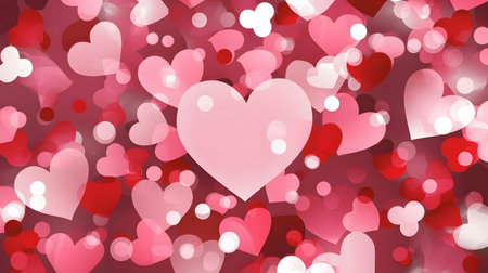 A romantic and dreamy background image featuring a scattering of pink and red hearts against a bokeh background. Valentine's Day conceptの素材